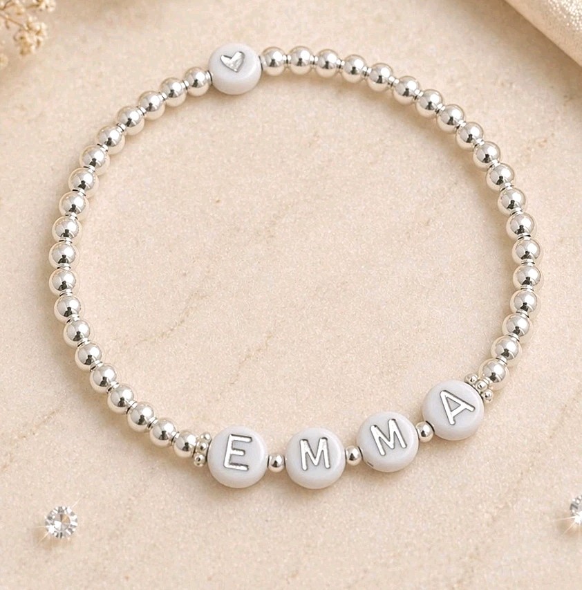 Name or Initial Bracelet Silver Beaded Stretchy Stacking Gift for Women or Kids