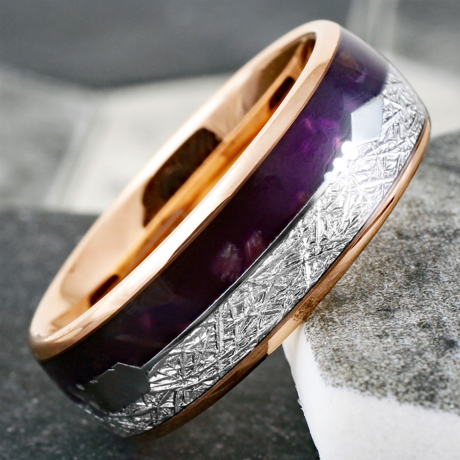 Rose Gold Plated Tungsten Men’s Ring Purple Lapis & Faux Meteorite Wedding Band