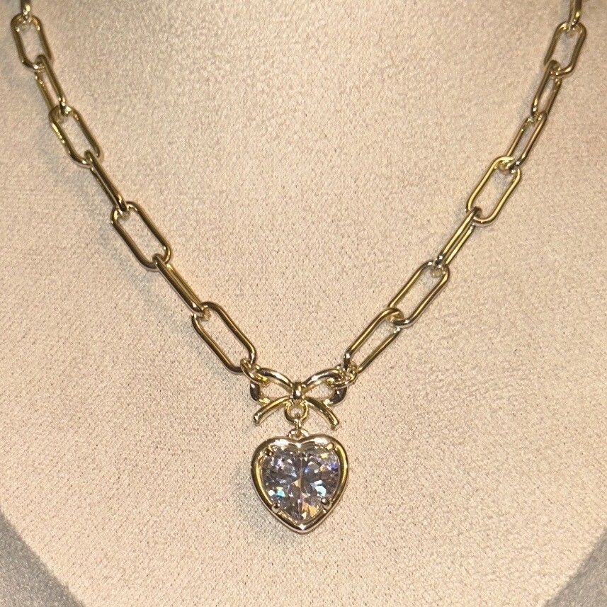 LoveStylize Nora Crystal Heart Necklace Gold Tone Bow Paperclip Chain JC1694