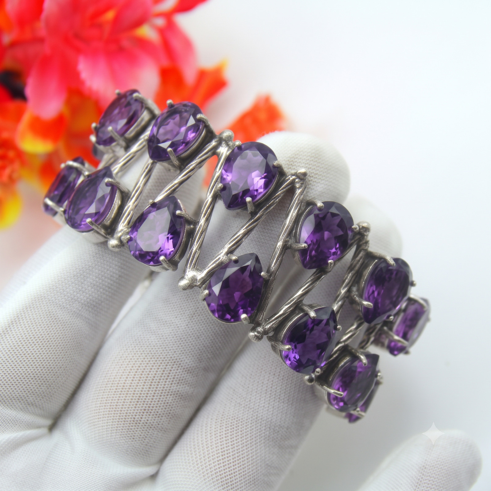 Purple Amethyst Gemstone Handmade 925 Sterling Silver Cuff Bracelet Jewelry 8″