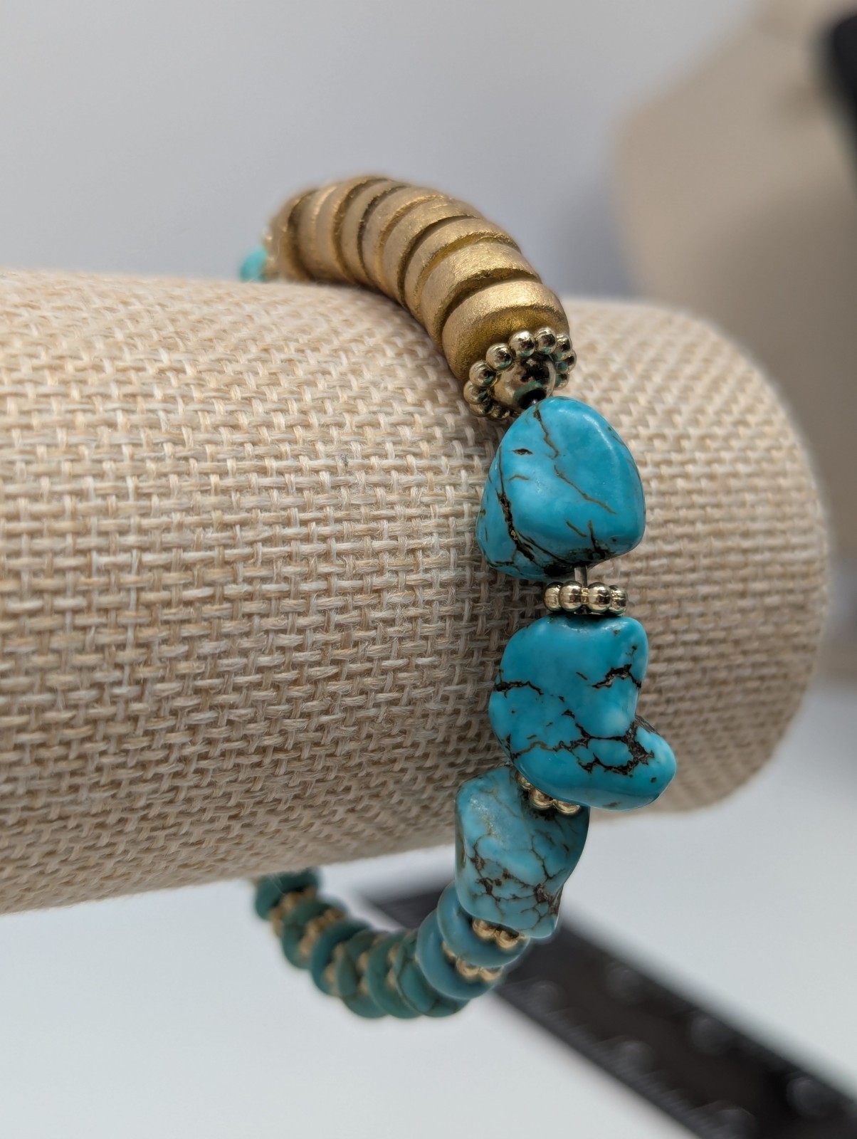 Turquoise Nugget Bead Bracelet Gold Spacer Barrel Clasp Southwestern Style Boho