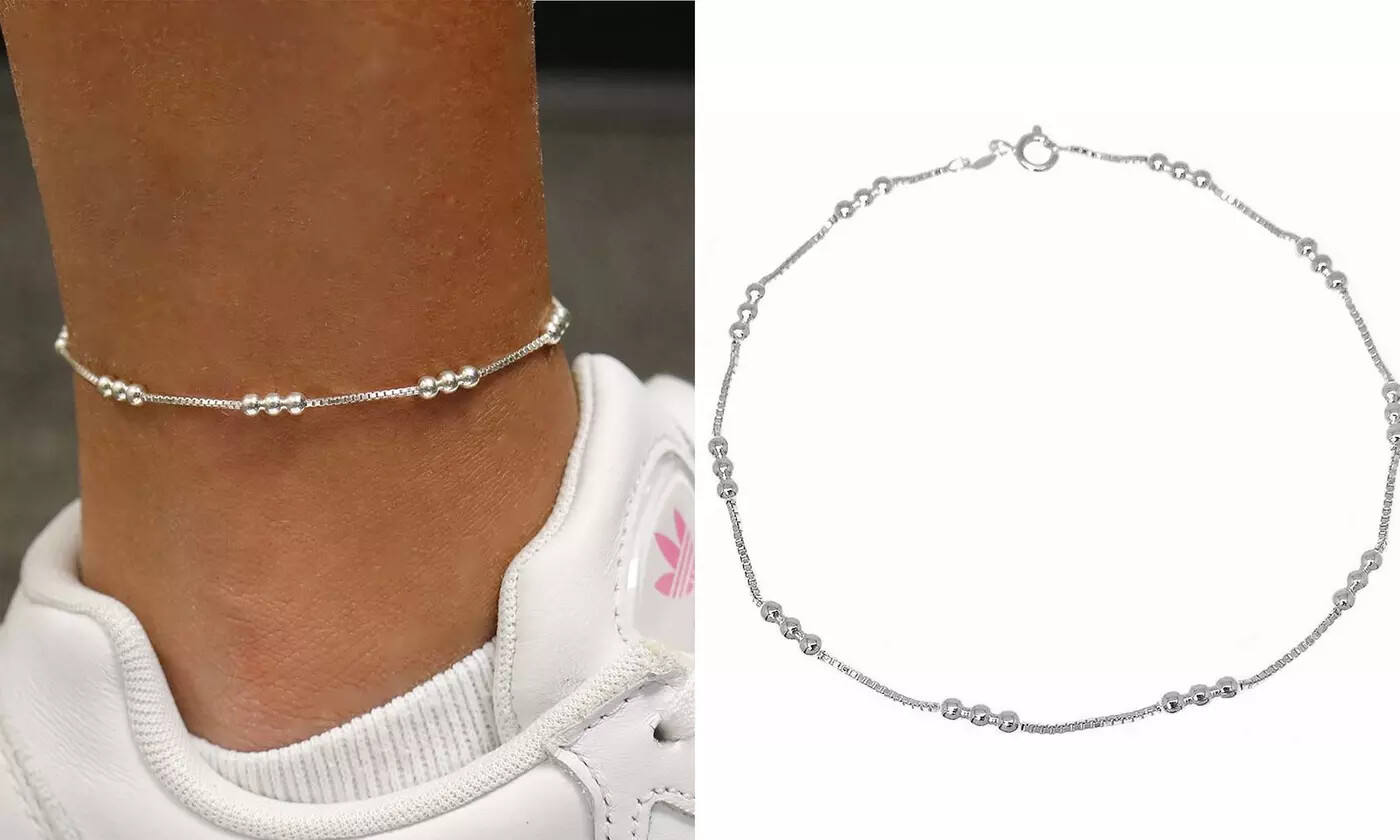 Italian 925 Solid Sterling Diamond Cut Triple Bead Anklet Chain 9″ or 10″ Italy