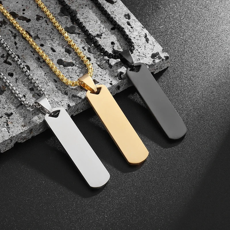 Stainless Steel Glossy Engravable Rectangular Pendant Necklace for Men Fashion S