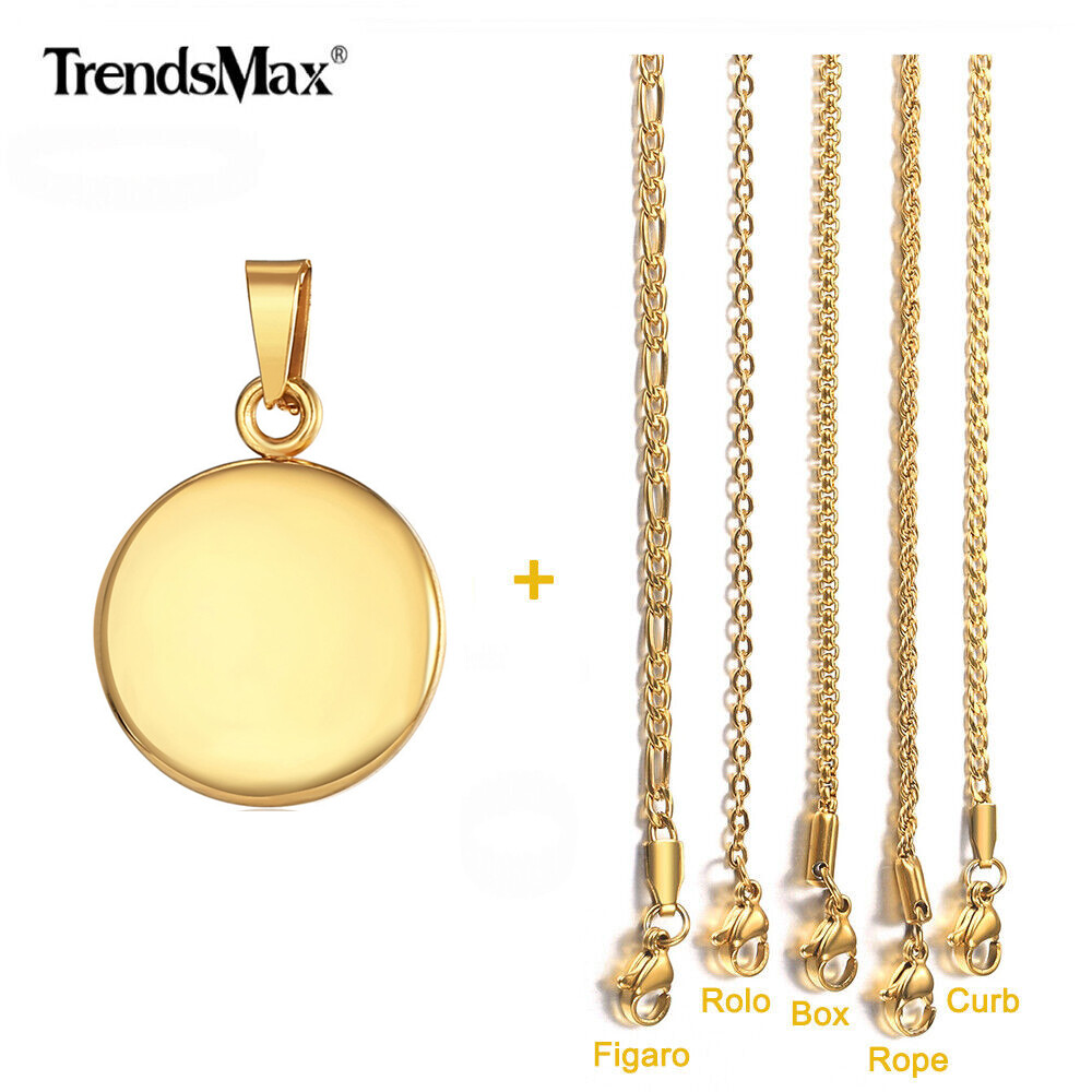 Gold Plated Stainless Steel Round Blank Tag Charm Necklace Box/Curb/Figaro/Rolo