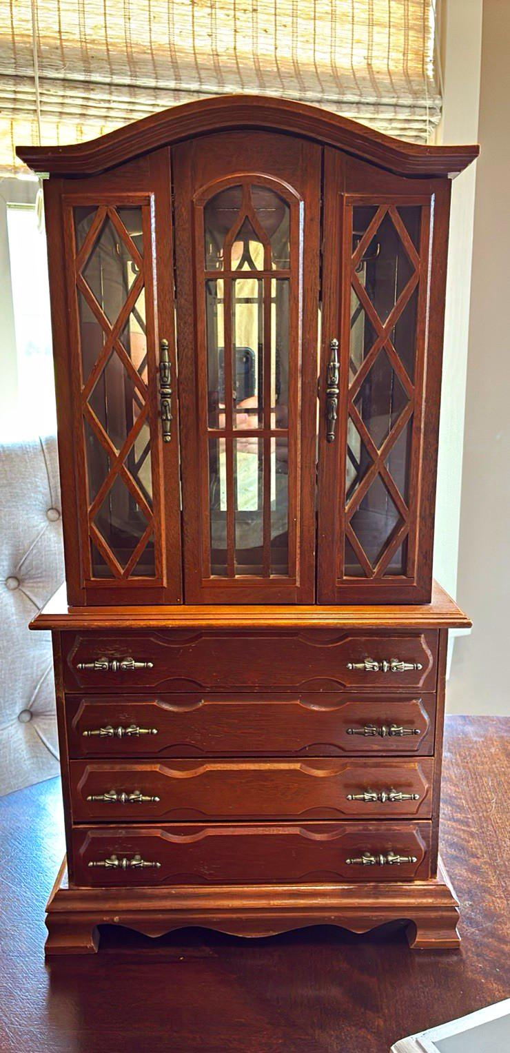 Brown Wood Jewelry Box Armoire w/ Mirror, Velvet Lined Drawers, Ring Storage