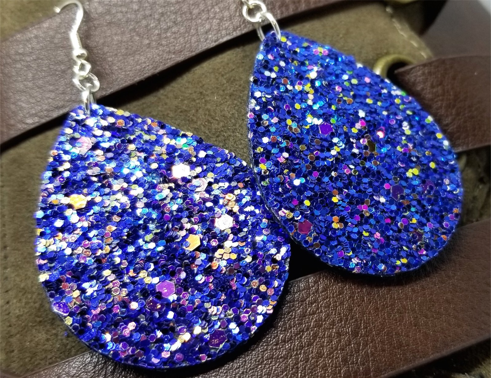 Blue Glitter Double Sided FAUX Leather Earrings with Color Shifting Glitter