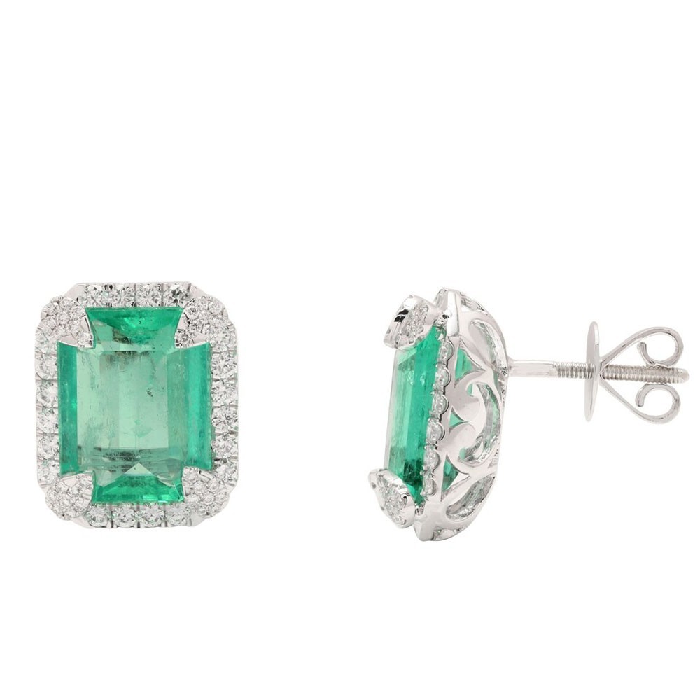 6.80carat Emerald Cut Natural Emerald Diamond Stud Earring 18K White Gold Plated