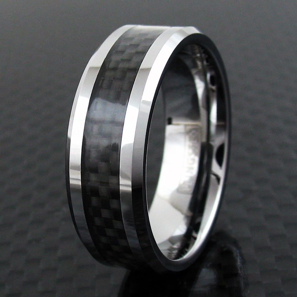 Tungsten Carbide Men’s Ring Silver with Black Carbon Fiber Stripe Wedding Band