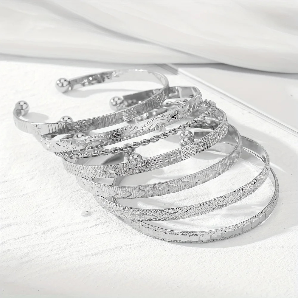 7Pcs Women Stackable Cuff Bangle Bracelet Set Boho Engraved Open Beach Jewelry