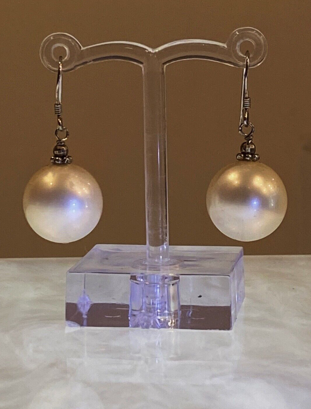 Man Made Pearl (16mm) Drop Earrings in 925 Sterling Silver, 34mm long.