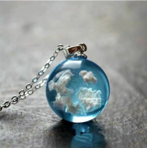 White Clouds Blue Sky Resin Glass Marble Ball Pendant Necklace Terrarium