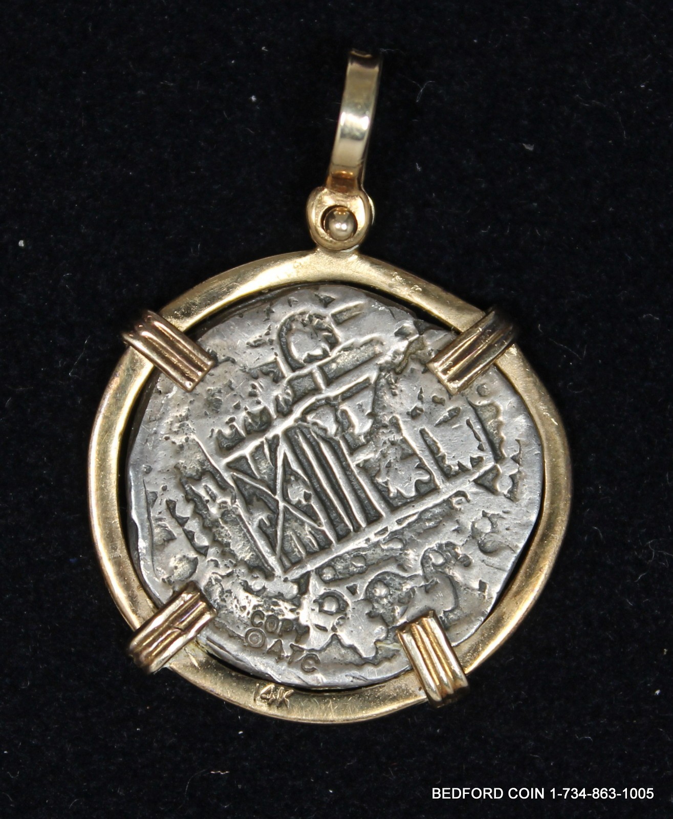 RECREATION ATOCHA SILVER COIN IN 14KT SOLID GOLD BEZEL HANDMADE PENDANT 7.3G COA