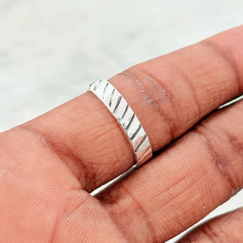 Handmade Sterling Silver Engraved Ring | Minimalist Diagonal Line Band All size