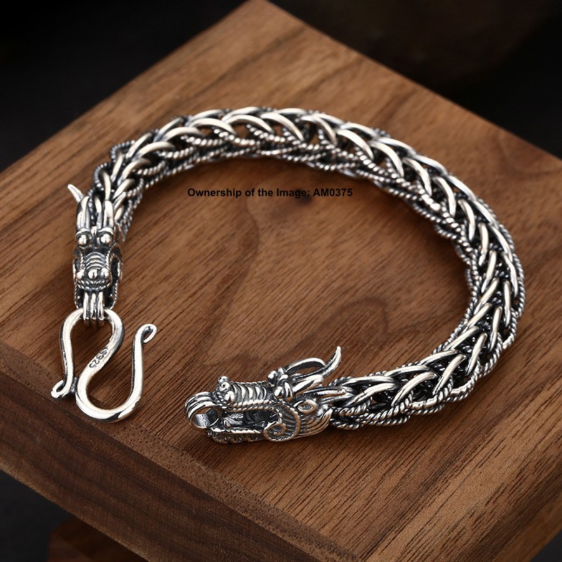 Pure 925 Sterling Silver Dragon Head Wheat Link Bracelet Vintage Style 7.9inch
