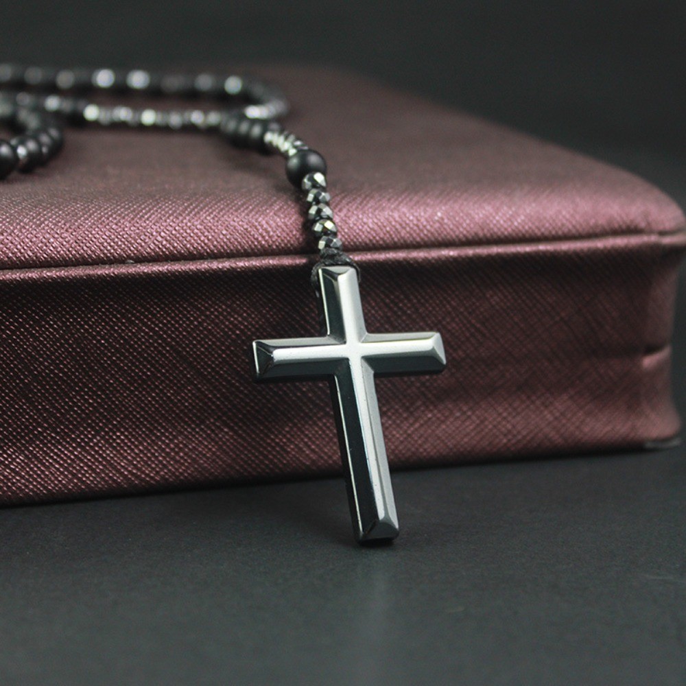 Religious Cross Pendant Black Shining Matte Imitation Agate Gallstone Necklace
