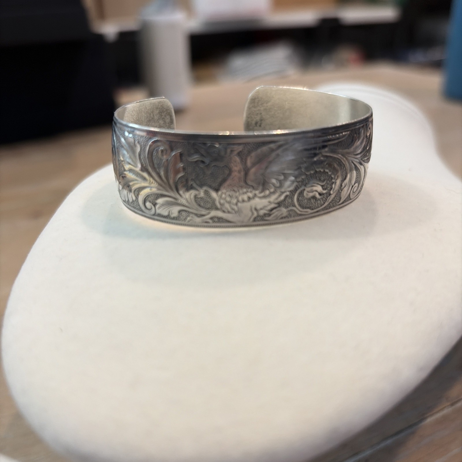Dragon Etched Sterling Silver 1” Wide Cuff Bracelet Sz 5-1/2 -Engraved – 16g