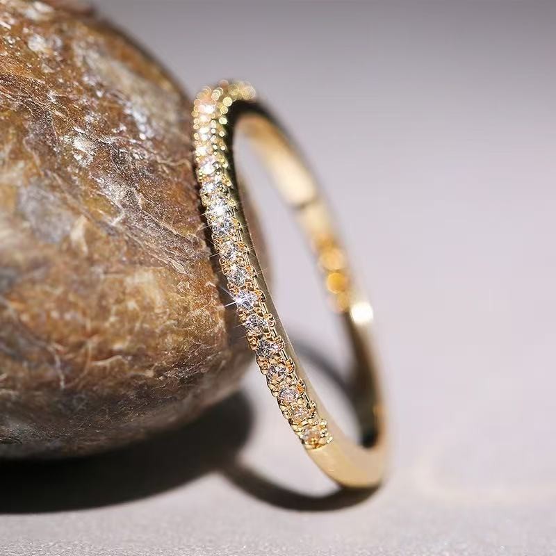 Classic Women 18K Gold Plated 2MM Thin Sparkling CZ Band Ring Wedding Engagement