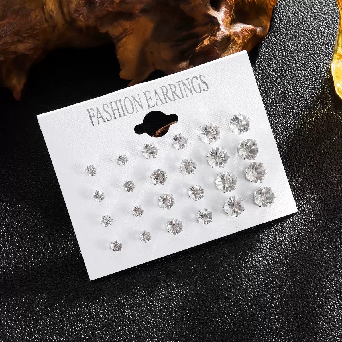 Silver Alloy Zircon Stud Earrings Set 12 Pairs Round Six Prong for For Gifts