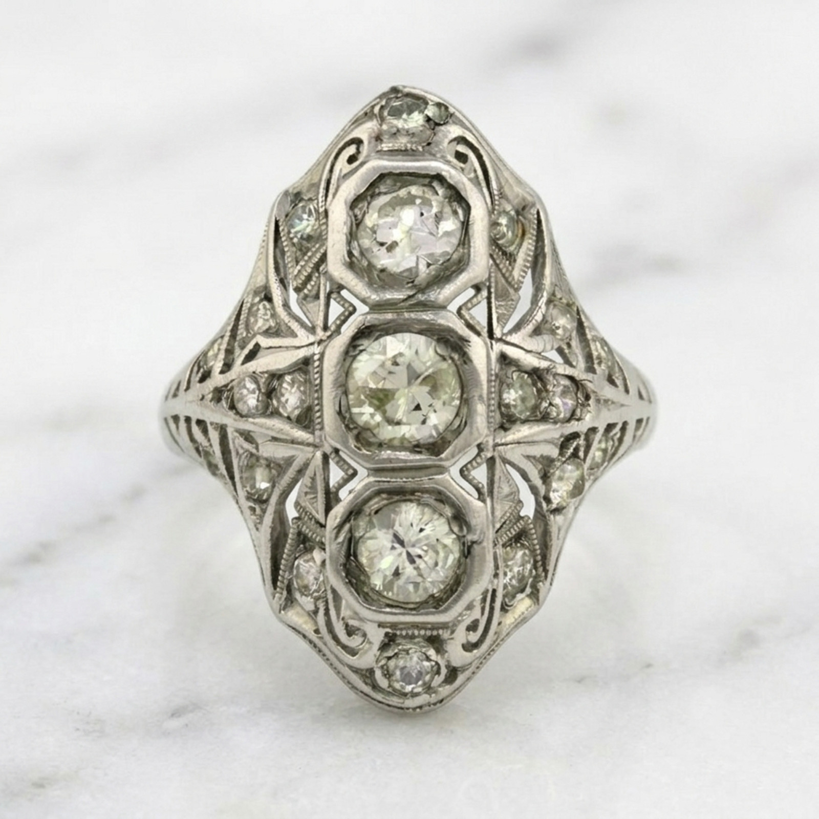 Old European Cut Lab Created Diamond 14K Gold Art Deco Three Stone Dinner Ring