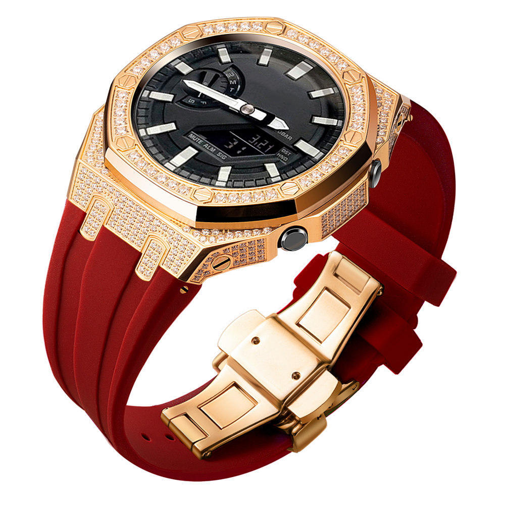 Bling Diamond Stainless Steel Case + Rubber Strap AP MOD KIT for G-SHOCK GA-2100