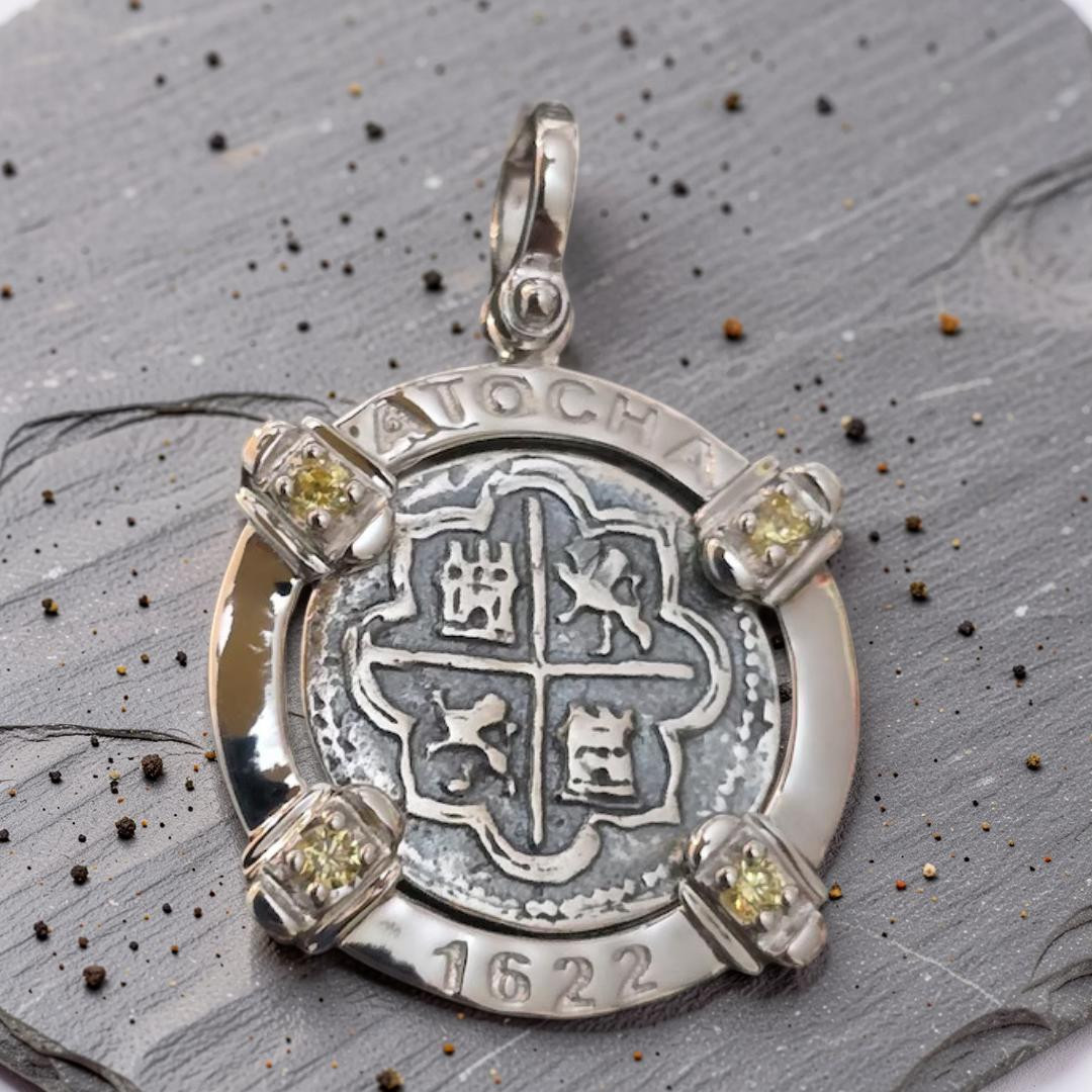 Atocha 1622 Shipwreck Silver Coin Pendant Citrine Gemstones Sterling Silver