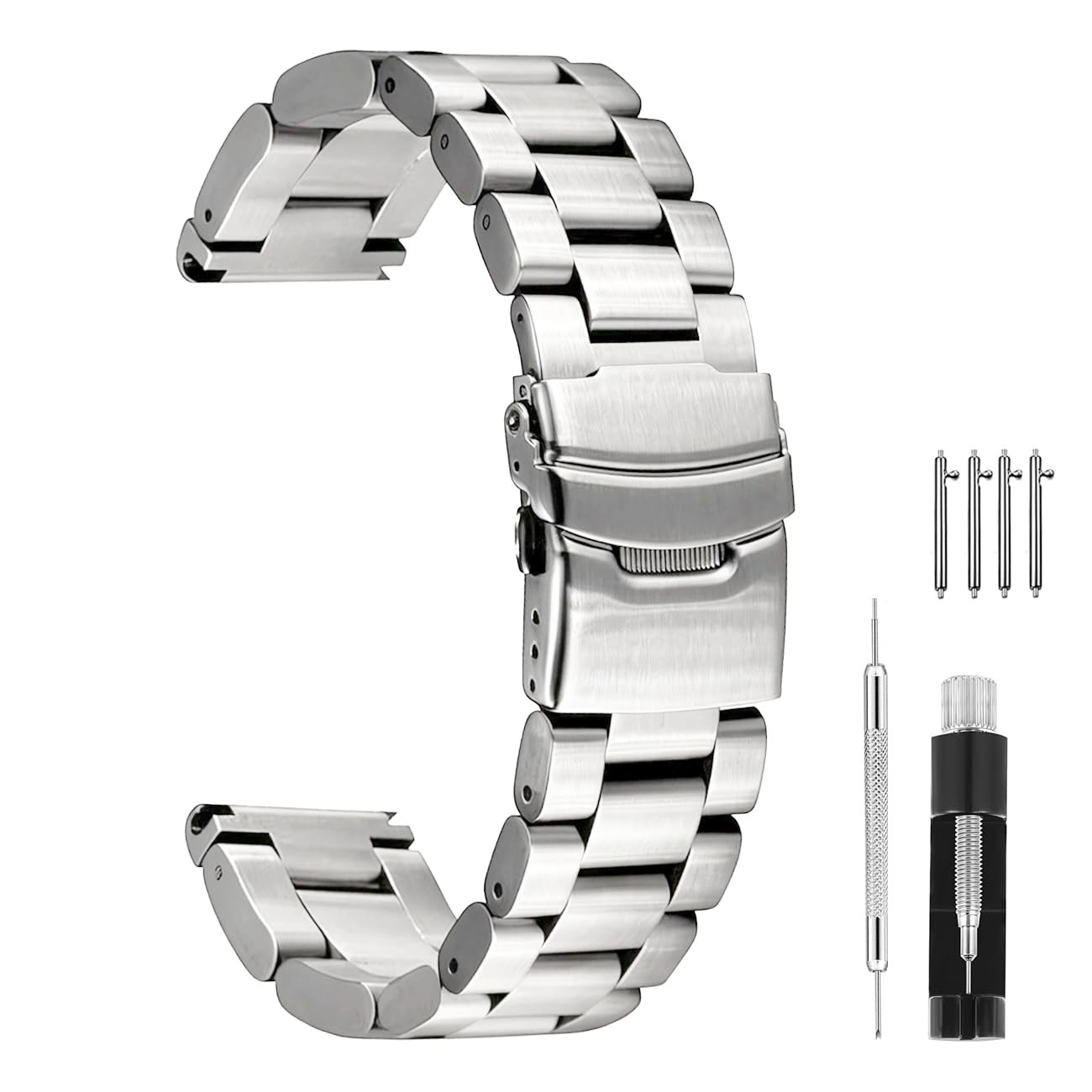 Solid Stainless Steel Watch Band 20 22 24 26mm Brushed Strap Double Lock Clasp