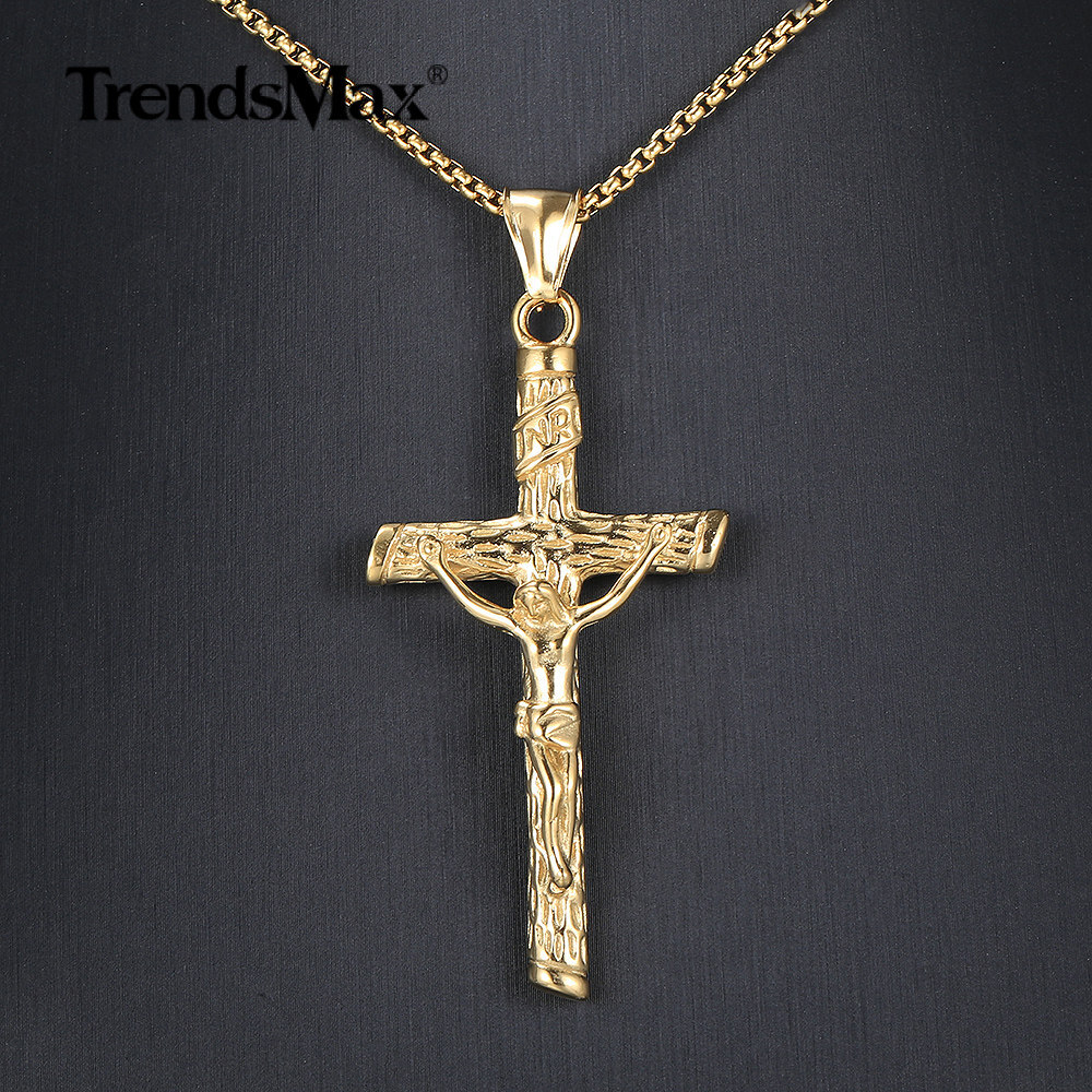 Men Gold Plated Jesus Christ Crucifix Cross Pendant Necklace 16″-30″ Box Chain