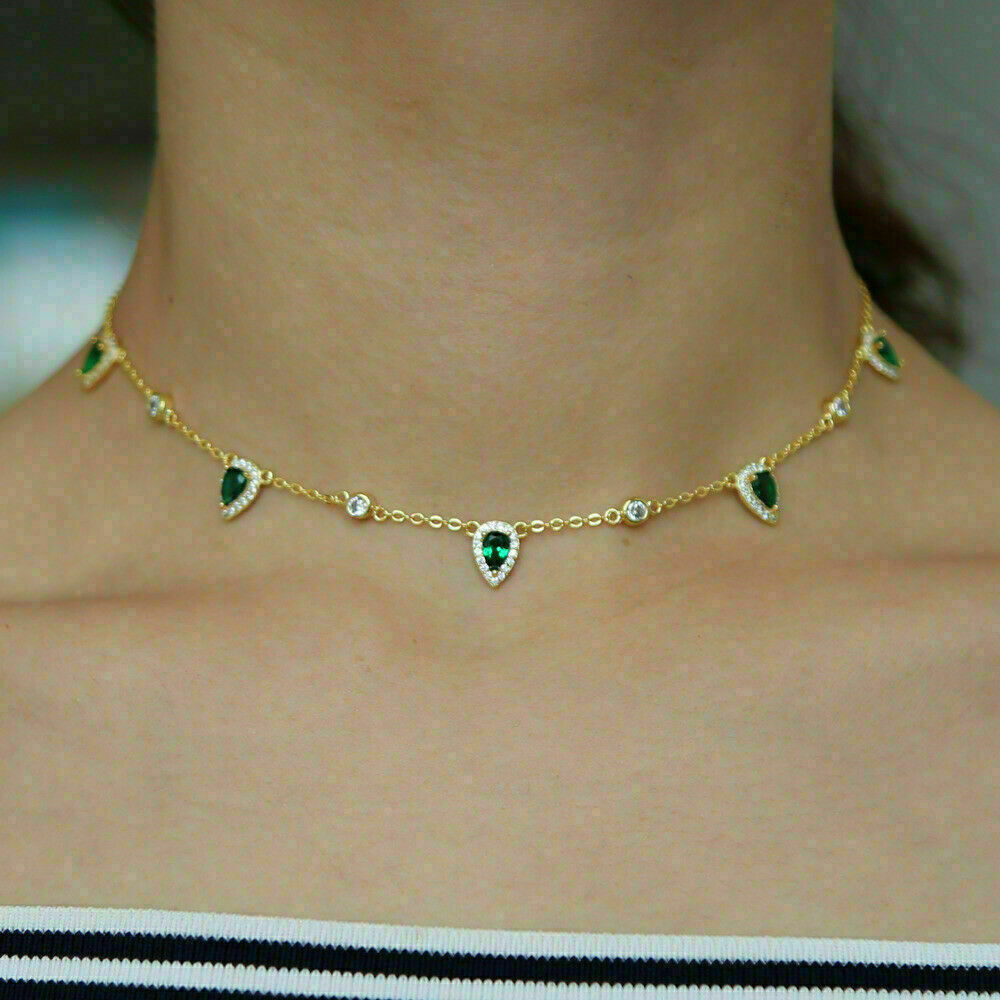 2.50Ct Pear Emerald & Diamond Women’s Charm Choker Necklace 14k Yellow Gold Over