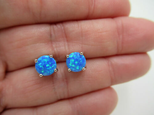 925 Sterling Silver 6mm Round Blue Fire Opal Stud Earrings For Women