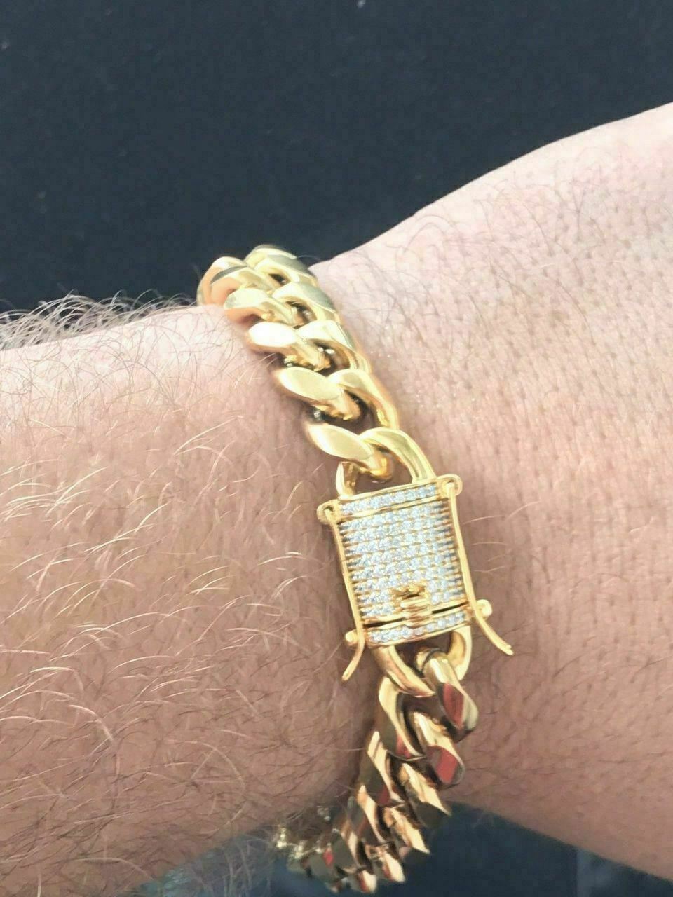 Men Real Cuban Miami Link Bracelet Chain Set 18k Gold Plated Simulated Diamond