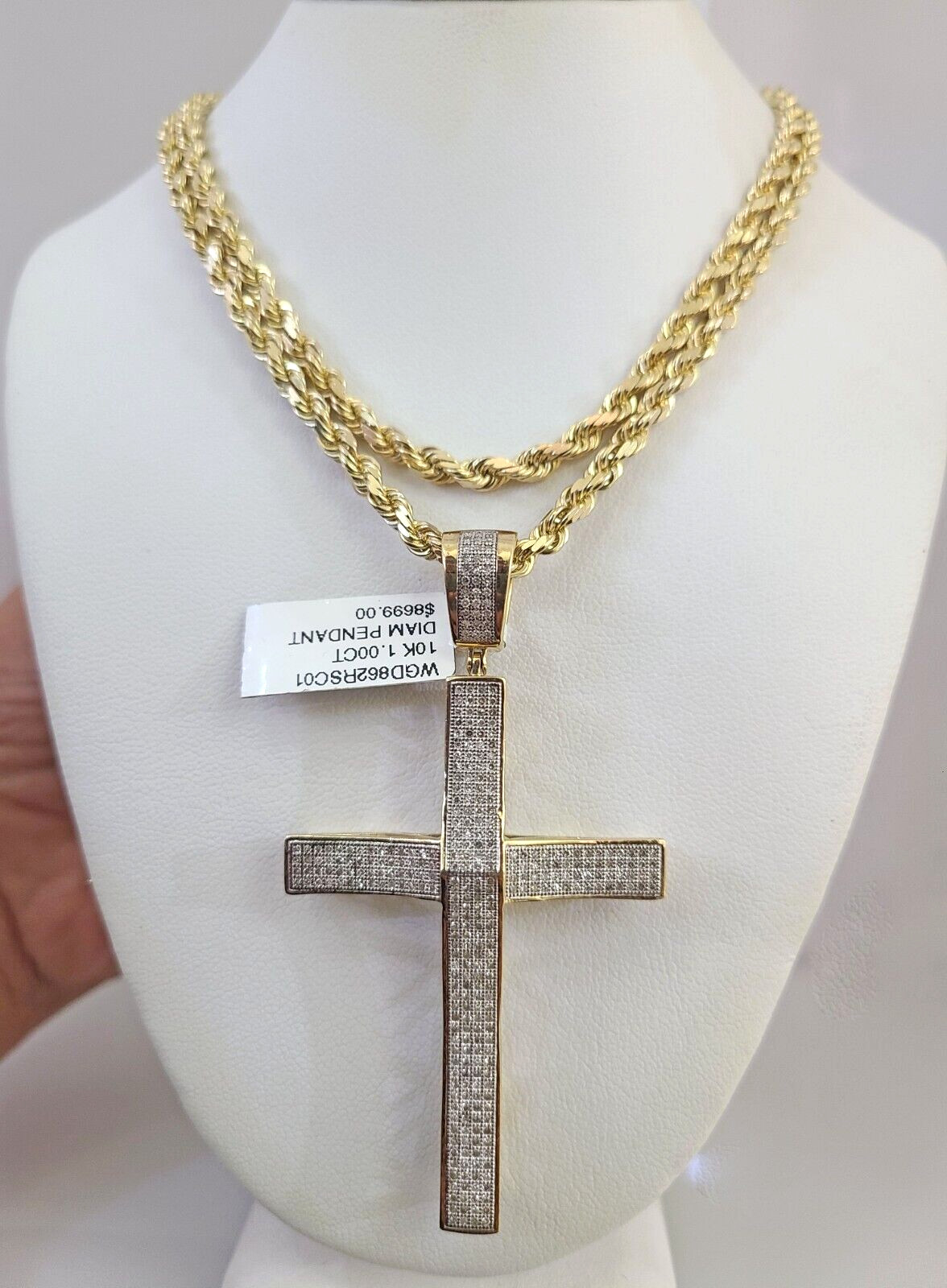 10k Solid Rope Chain Jesus Cross Charm Diamond Set 4mm 20″-28″ Necklace Gold