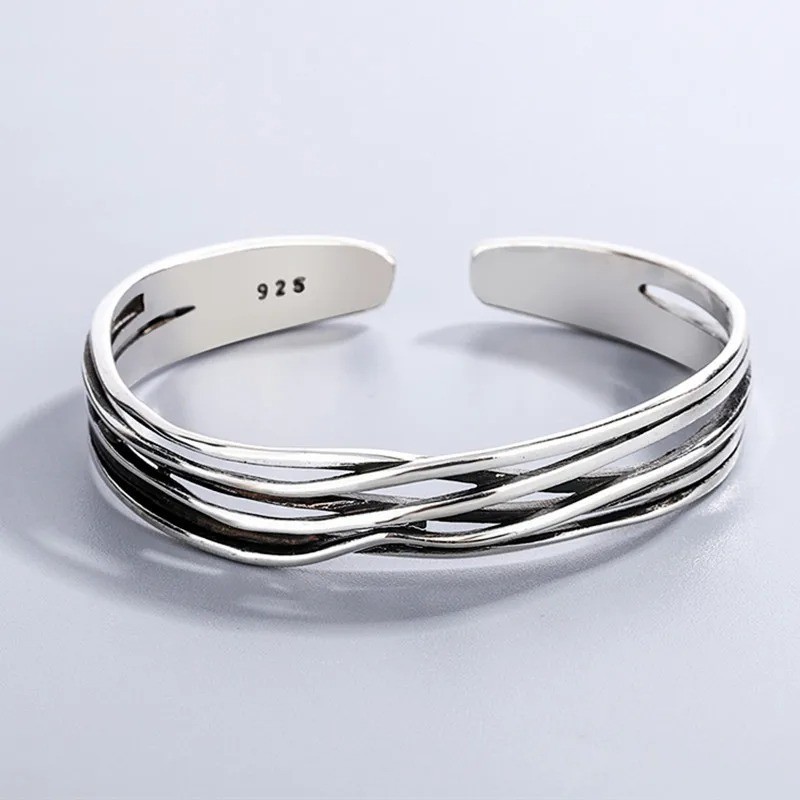 925 Sterling Silver Braided Bracelet Geometric Retro Wave Adjustable Bangle