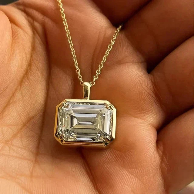3CT Emerald Cut Moissanite Bezel Pendant Necklace 14K Yellow Gold Plated VVS1