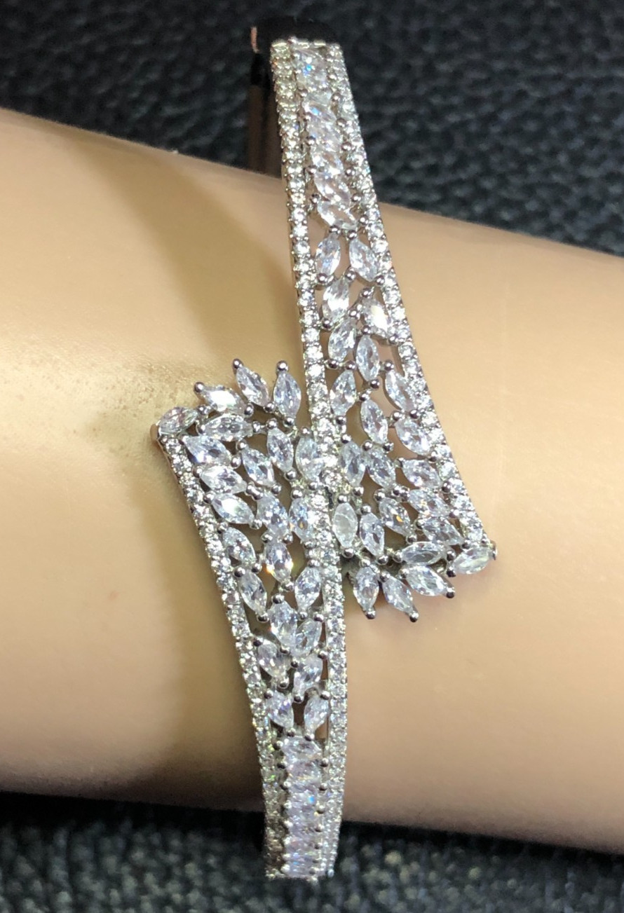 Silver CZ Simulated Diamond Bangle Bracelet Bypass Statement Rhodium Plated 3415