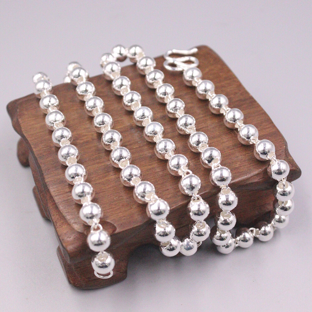 Real 999 Pure Silver Necklace Men Women 7mm Polish Beaded Link Chain 22inchL