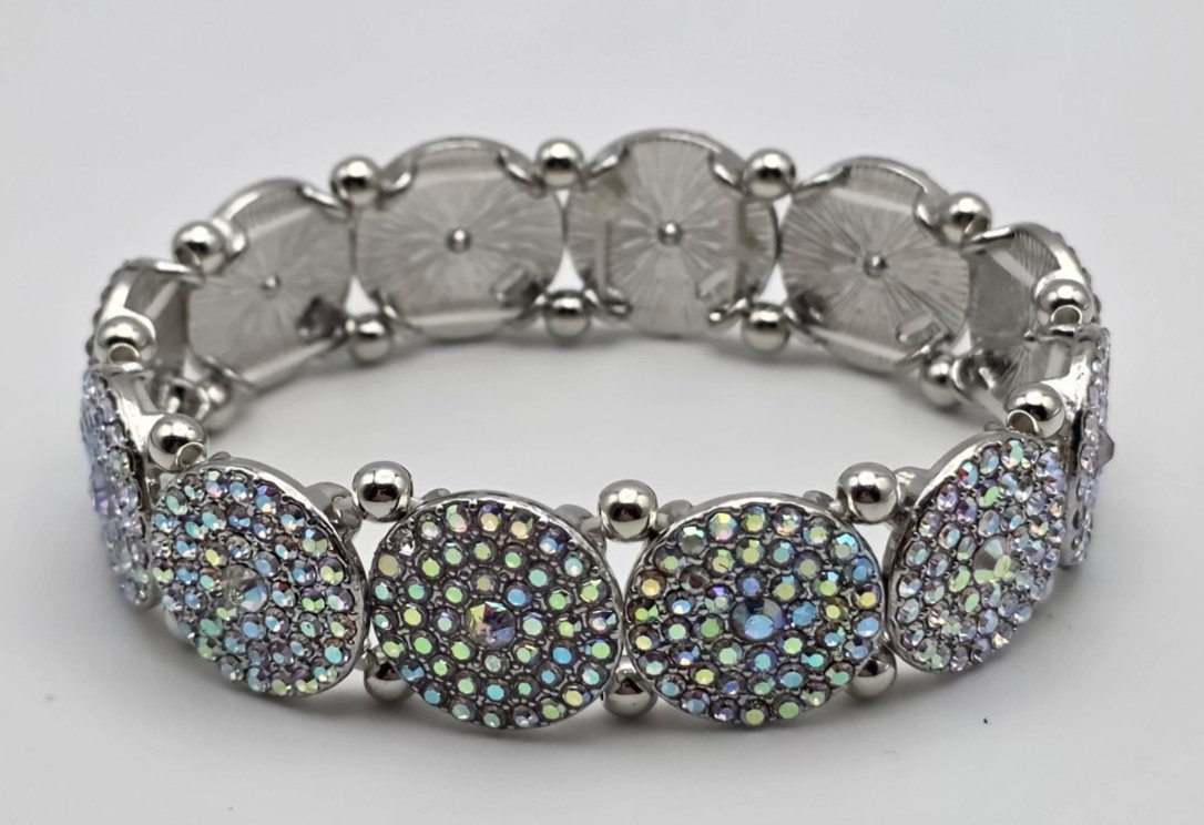 Silver Tone AB Crystal Pave Circle Link Stretch Bracelet 6.5 In Statement