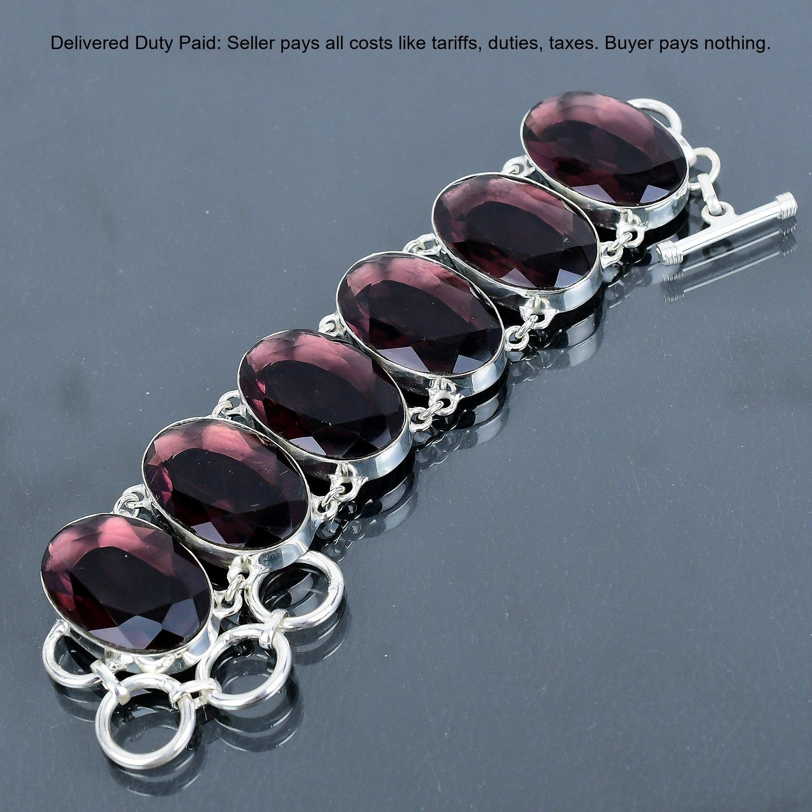 925 Silver Oval Pink Amethyst Stone Bezel Birthday Chain Wife Elegant Bracelet