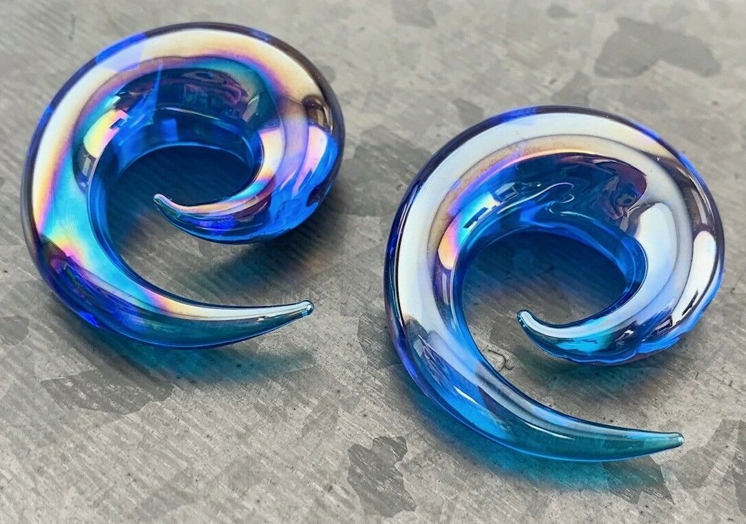 PAIR Blue Lucifer Glass Spiral Tapers Expanders Plugs Gauges Body Jewelry