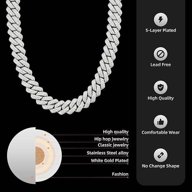 Cuban Link Chain Miami Necklace Iced Out Stainless Steel Plated High Quality