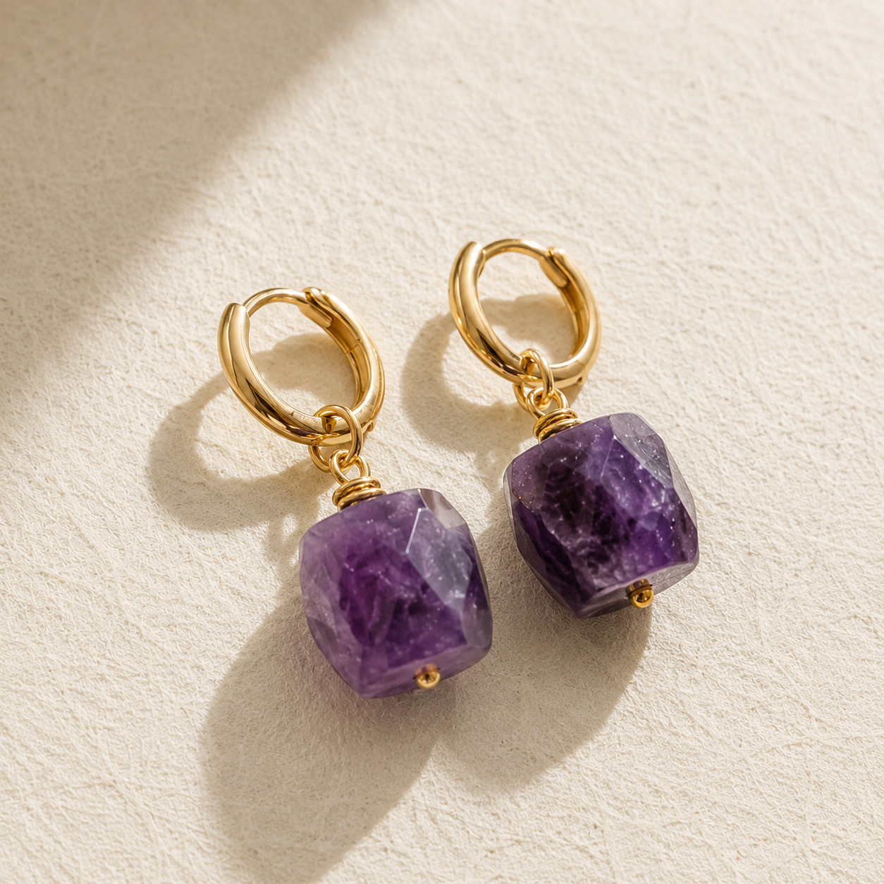 Natural Amethyst Cube Drop Earrings | 18K Gold Plated | Peace & Intuition | Boho