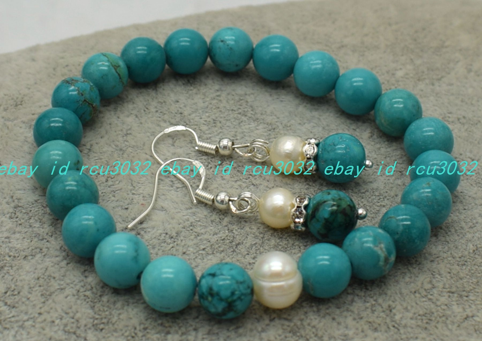 8mm Blue Turquoise White Pearl Round Beads Gemstone Earrings Bracelet 7.5in Set