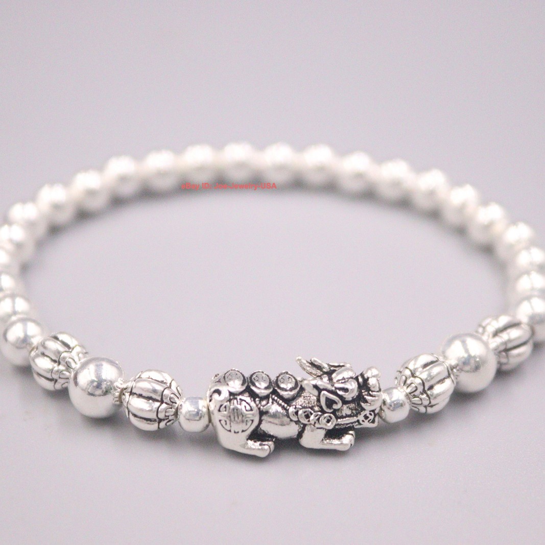 Real 999 Fine Silver 5mm Beads with Wealth Pixiu Women’s Elastic Bracelet