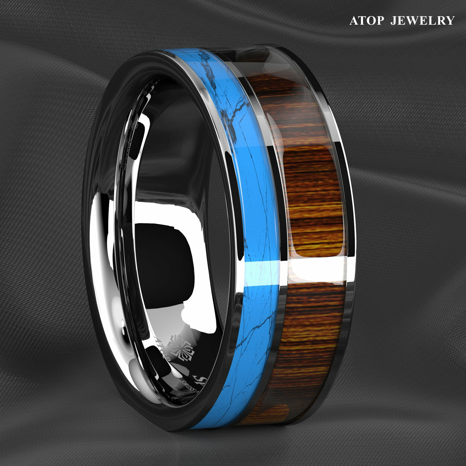 8mm Tungsten Men’s Ring Silver Turquoise & Koa Wood Wedding Band ATOP Jewelry