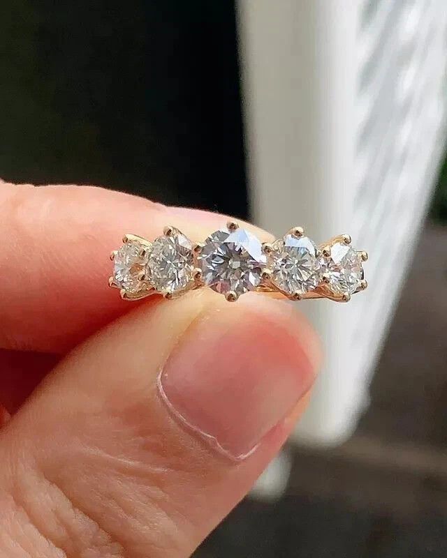 1.50Ctw Real Moissanite Five Stone Half Wedding Band Ring 14k Yellow Gold Plated
