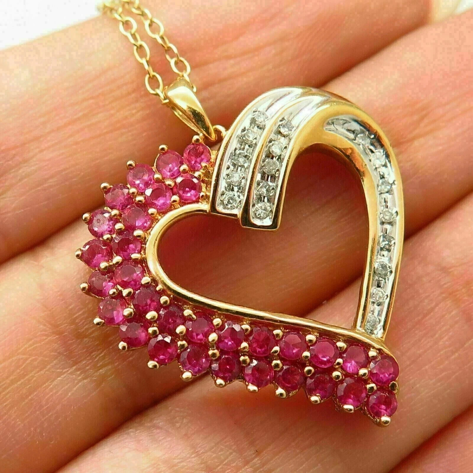 Ruby 1.50Ct Round Cut Heart Pendant 14K Yellow Gold Finish 16” Free Chain