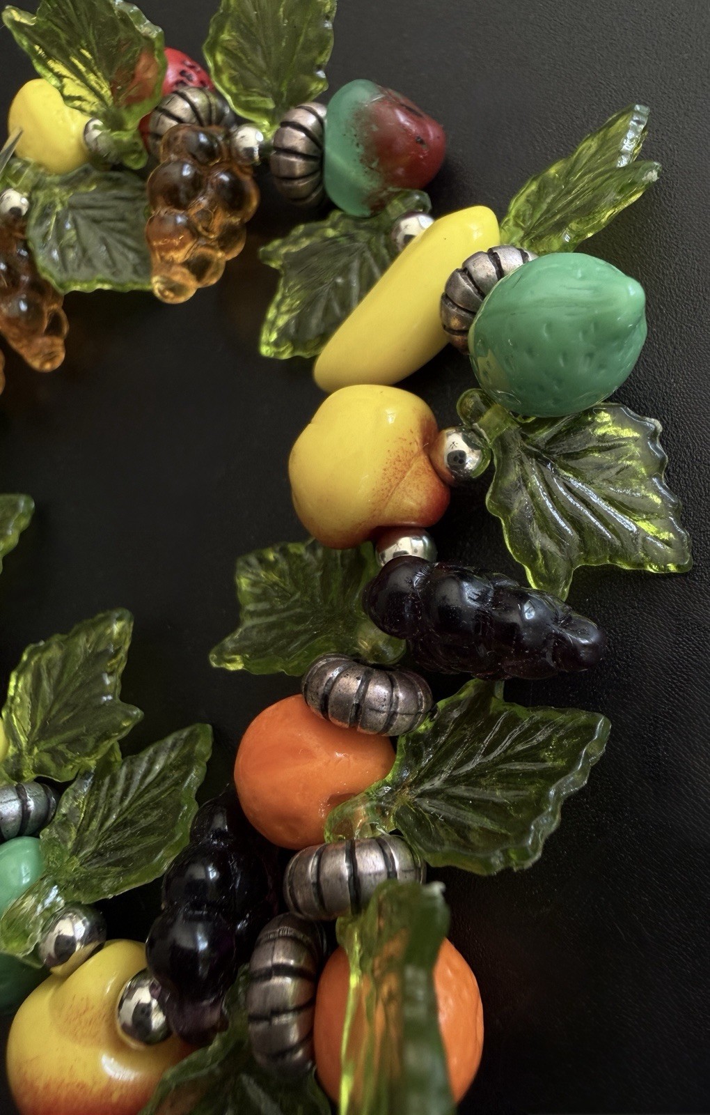 Vintage Plastic Acrylic Resin Fruit Salad Charm Bracelet Colorful Beads Silver