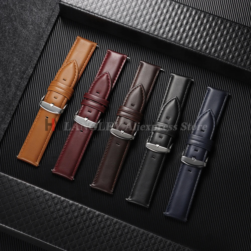 Genuine Cowhide Leather Watch Strap Quick Release Buckle Black Brown Red Band