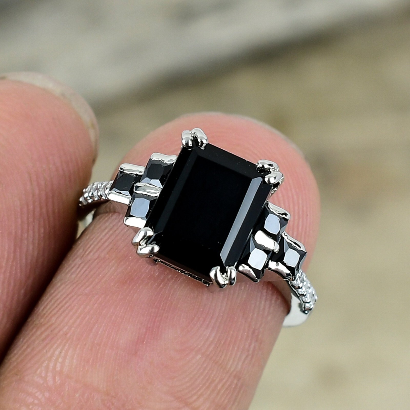 Natural Black Onyx, Moissanite 925 Sterling Silver Ring, Baguette Dainty Ring