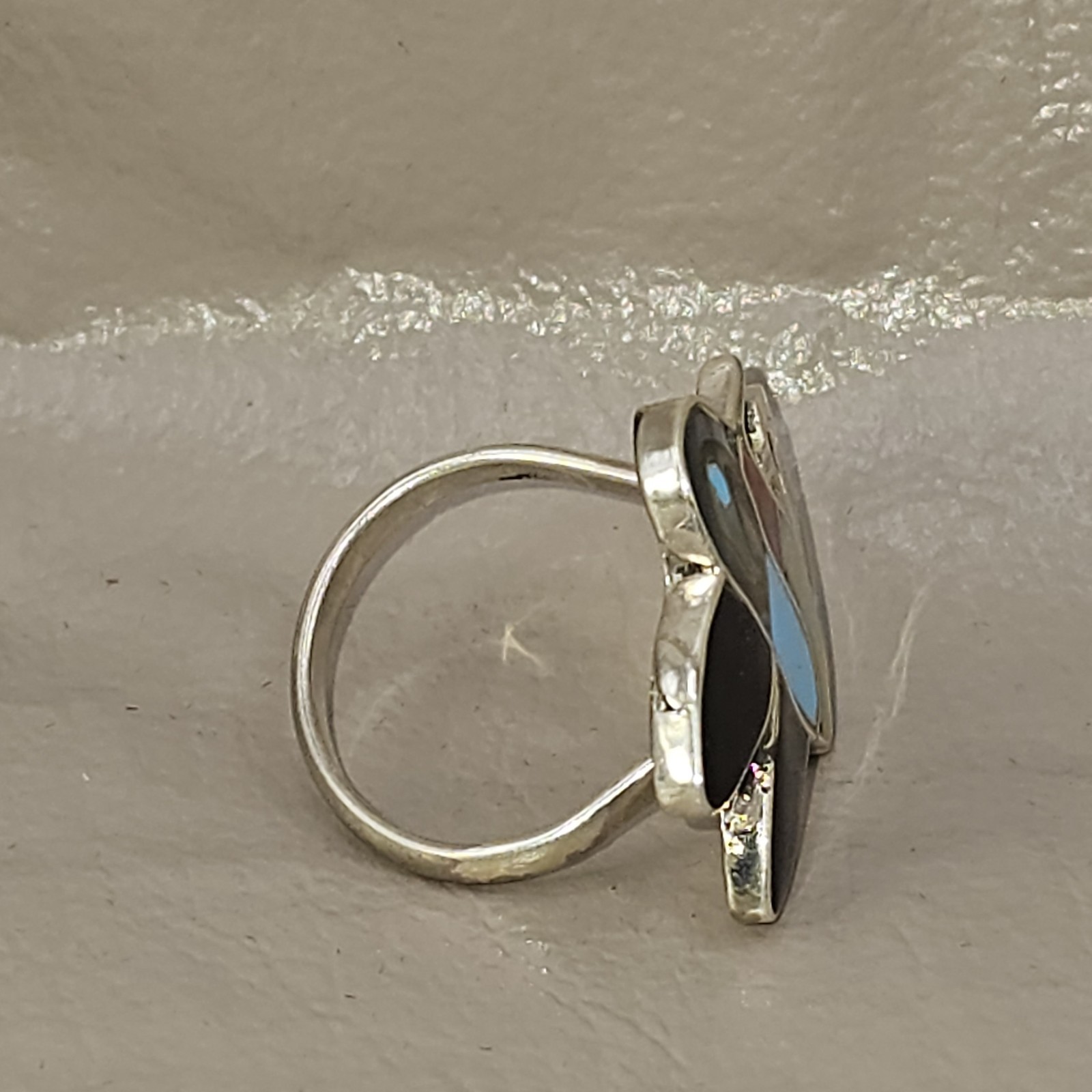 Native American ​Zuni Made Inlay Hummingbird Sterling Ring Multi Stone Size 7.75