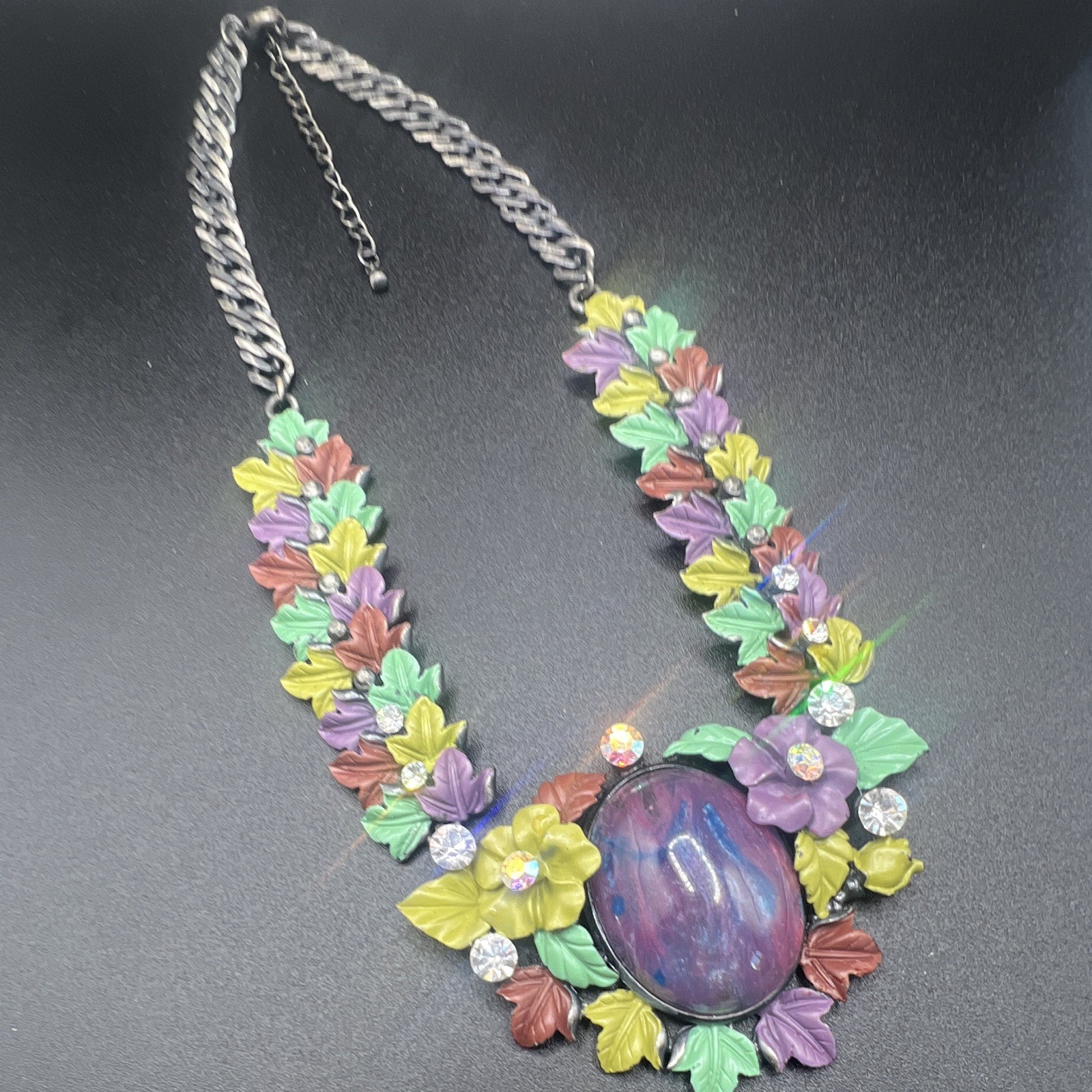 Floral Necklace Rhinestone Cluster Bib Jewels Colorful Flowers Silver Chain Boho
